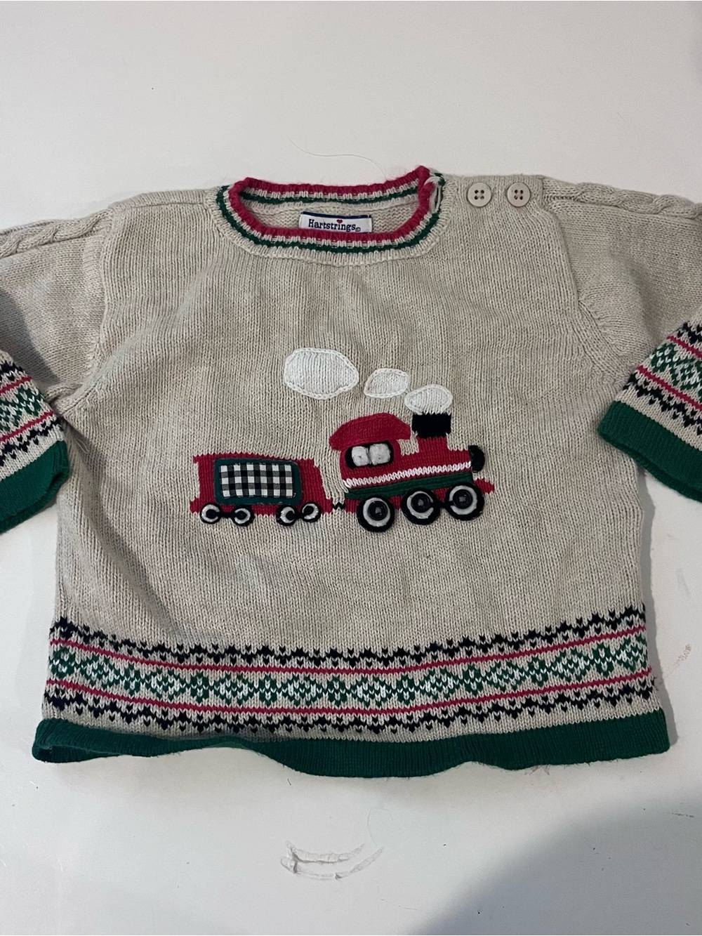 Hartstrings Cream Knit Sweater with Red & Green Train Motif 18m knit Christmas